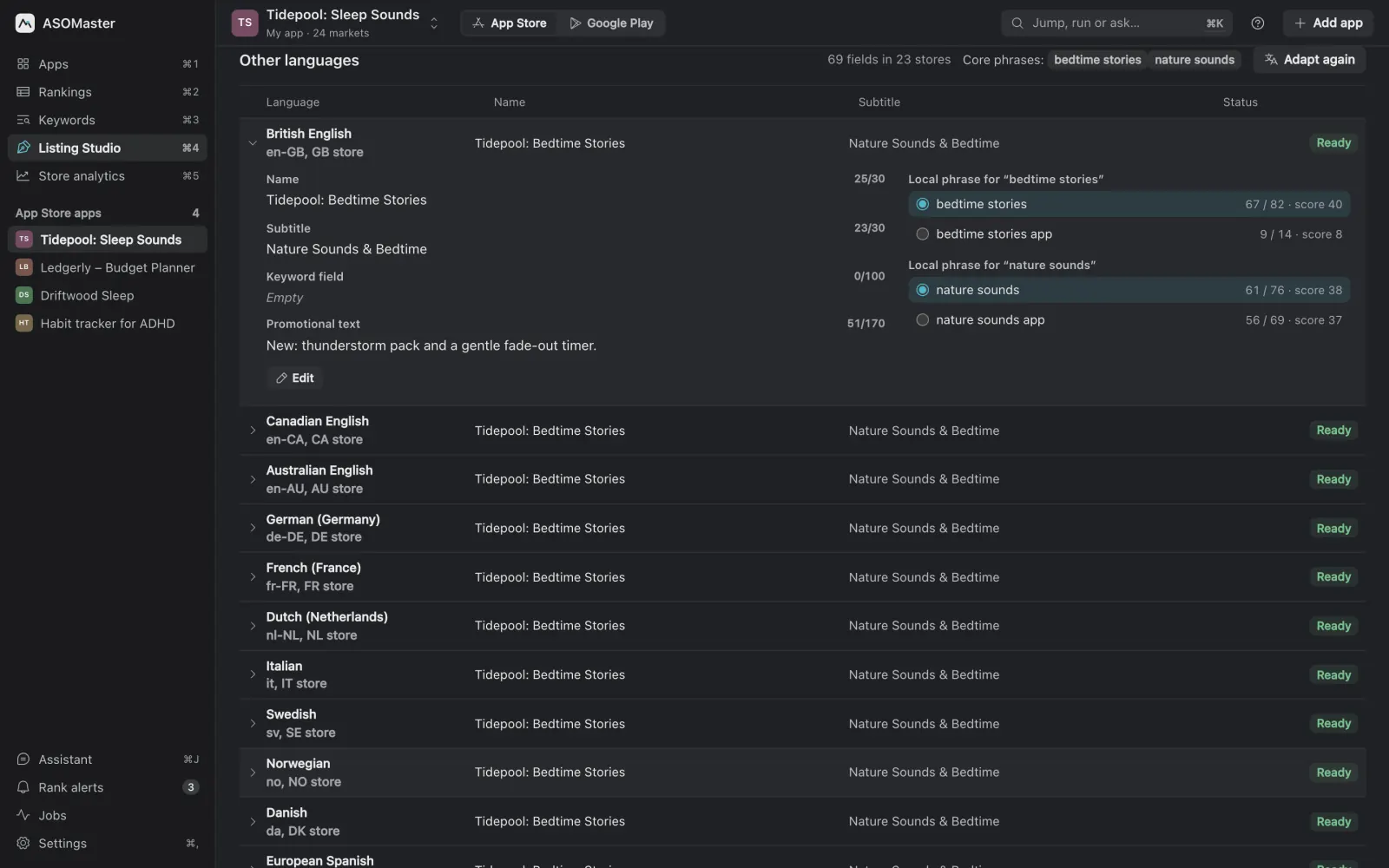 Listing Studio other languages table with a name and subtitle per language and its status.