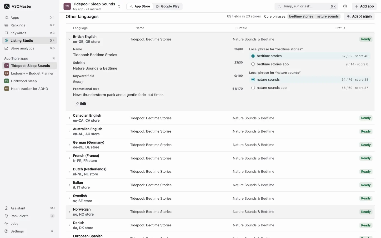 Listing Studio other languages table with a name and subtitle per language and its status.