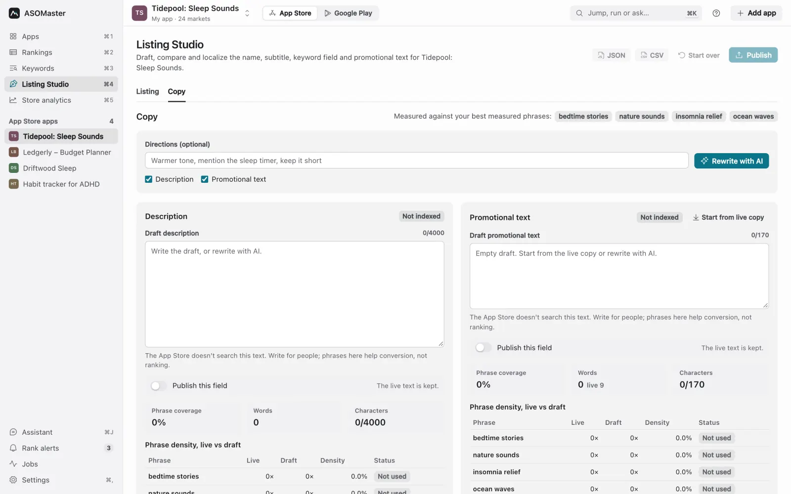 A description draft next to the live text with a table showing how often each target phrase appears in each